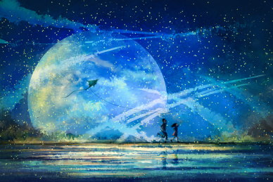 男孩和女孩在星空圆月下奔跑放风筝插画