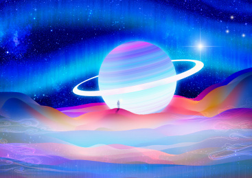 宇航员在户外仰望这个发光的星球的插画