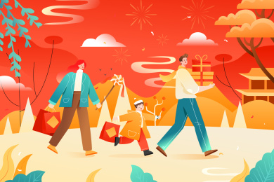 春节新年家人红包矢量插画