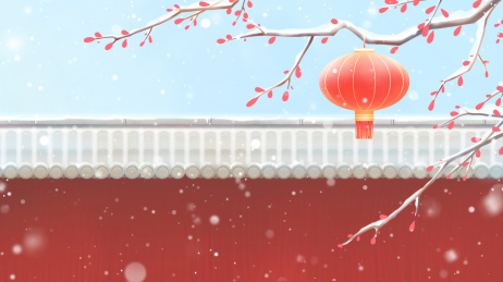 雪花飘飞红墙白瓦上红灯笼挂在梅花树枝上