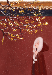 冬天故宫红披风斗篷少女插画