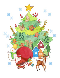 圣诞节圣诞树圣诞老人麋鹿插画