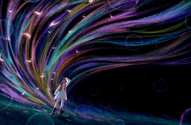 女孩抬头仰望星空飞鸟