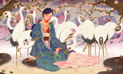 仙女和仙鹤中国风插画