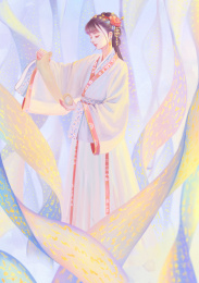 手持打开卷轴古风汉服少女插画