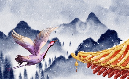 仙鹤屋檐冬天插画