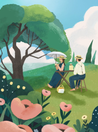 情侣野餐手绘插画