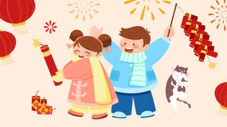 欢乐儿童新年除夕放鞭炮插画