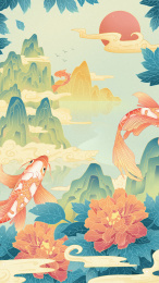中国风锦鲤牡丹山河图竖版