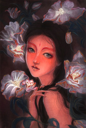 身在花丛中的美丽仙子水彩画