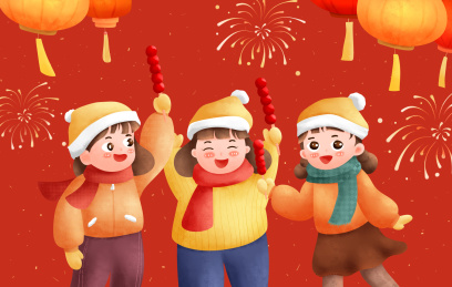 春节三个女孩拿着糖葫芦开心的跳起来