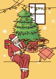 圣诞节坐在圣诞树旁探亲的圣诞老人