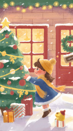 女孩在圣诞节装饰圣诞树