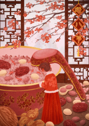 室内红梅红衣小女孩趴在碗上看腊八粥有字