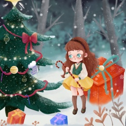 圣诞树下的长发小女孩