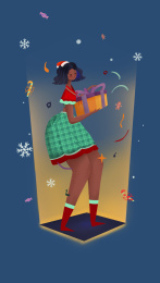 扁平噪点风圣诞女孩拿礼物