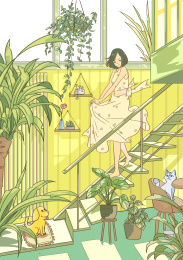 夏季日系小清新人物日常生活室内插画