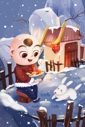 男孩和小狗在冬天分享美食