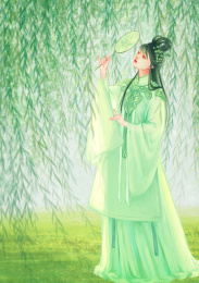 春日户外站在柳树下的古风汉服少女插画