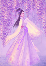 春日古风汉服少女紫藤花下跳舞插画