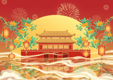 国潮古建筑节日插画