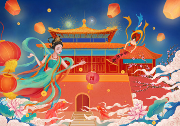 国潮古建筑飞天仙女喜迎春节插画