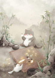 古风竹林里下棋插画
