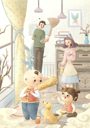 一家四口室内扫房子年俗插画