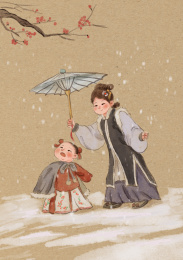 母亲和孩子雪天赏雪