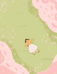 躺在樱花树下的女孩春天手绘插画