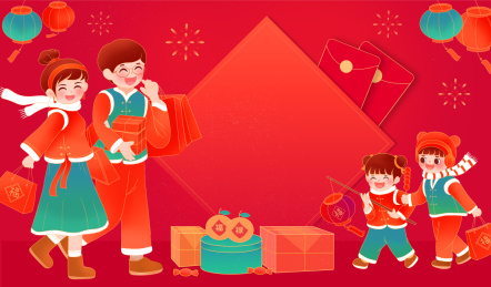 春节一家人买年货拜年插画