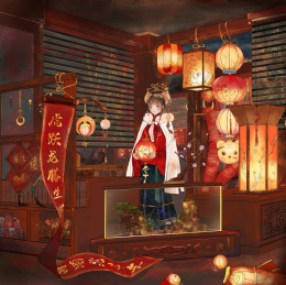 穿着汉服的古风女孩在灯笼下贺虎年新年