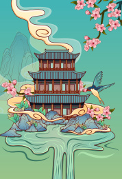 中国风亭台楼阁也桃花的背景插画