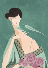 怀抱着花的复古女性插画