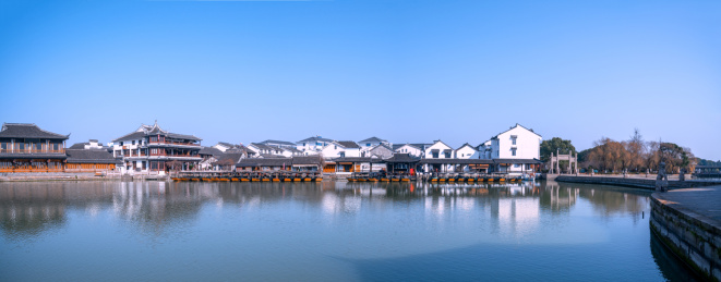 中国江苏省苏州市昆山江南锦溪古镇全景