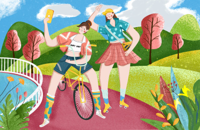 春天踏青骑行拍照的女孩