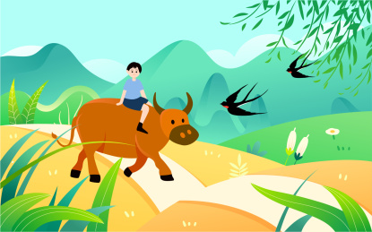 春天小孩骑牛背上插画立春节气节日活动海报
