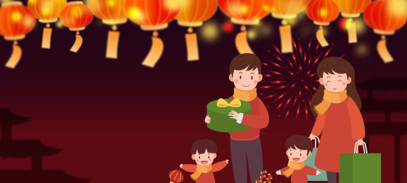 春节元宵节一家人灯笼下拜大年