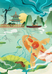 鱼儿在水中边游边靠近凉亭