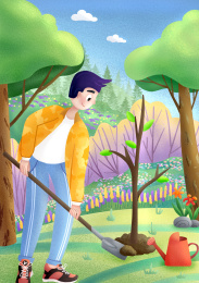 在户外植树的男子