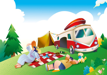 春天享受户外旅行露营的男孩女孩