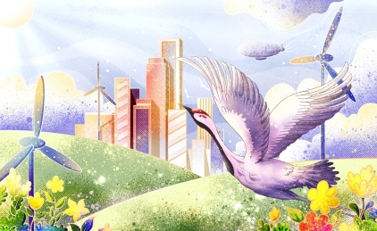 春天城市风力发电和飞翔的鹤插画