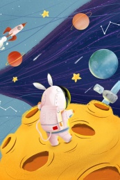 卡通月兔宇航员登月宇宙插画