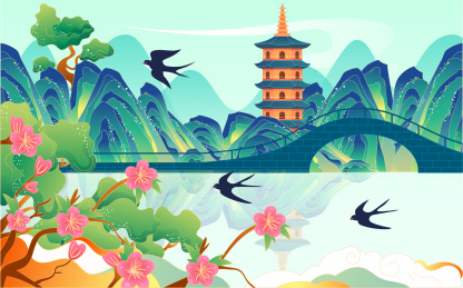 国潮春天风景插画立春节气春游景色活动海报