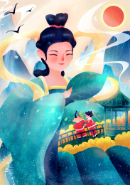 伟大的母亲和孩子在山水间玩耍