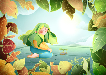 绿色的女孩在地上坐着看植物发芽