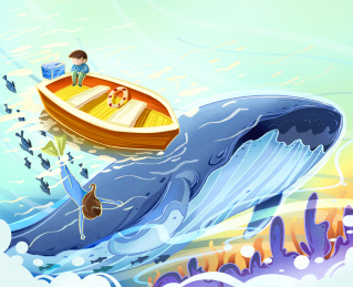 一个小孩在划船另一个在海洋中遨游