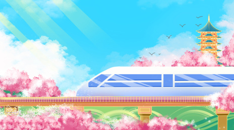 唯美风景春天火车樱花节