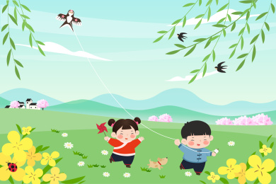 春天放风筝踏青的小朋友