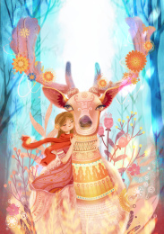 女孩和鹿和平共处插画